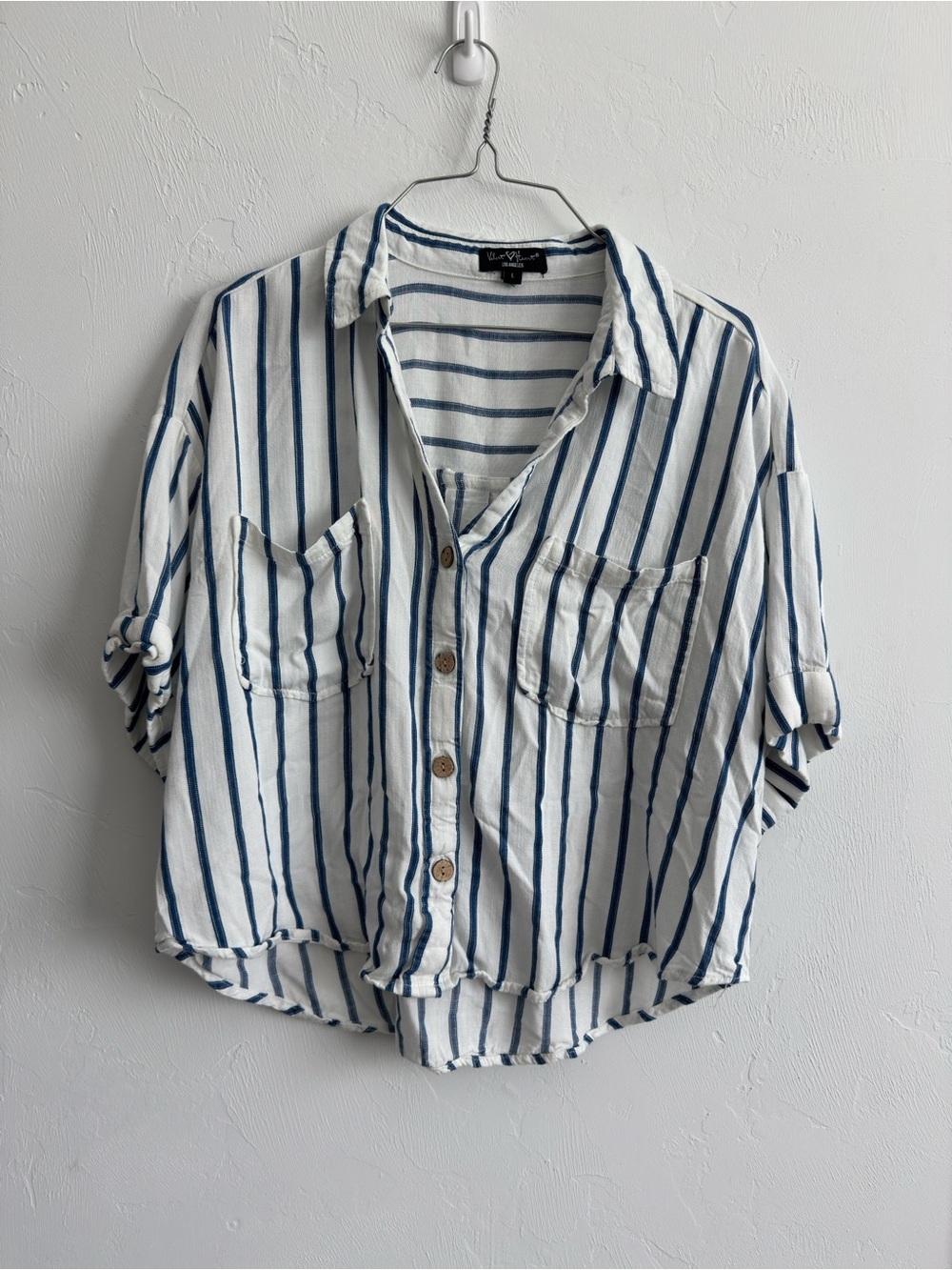 Velvet Heart LA Blue White Striped Button Up Cropped Shirt Sz L